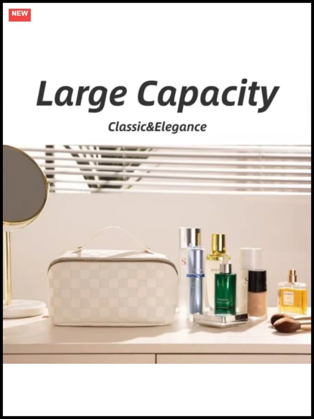 Checkered Makeup Bag - Waterproof PU Leather Large Capacity Travel Toiletry